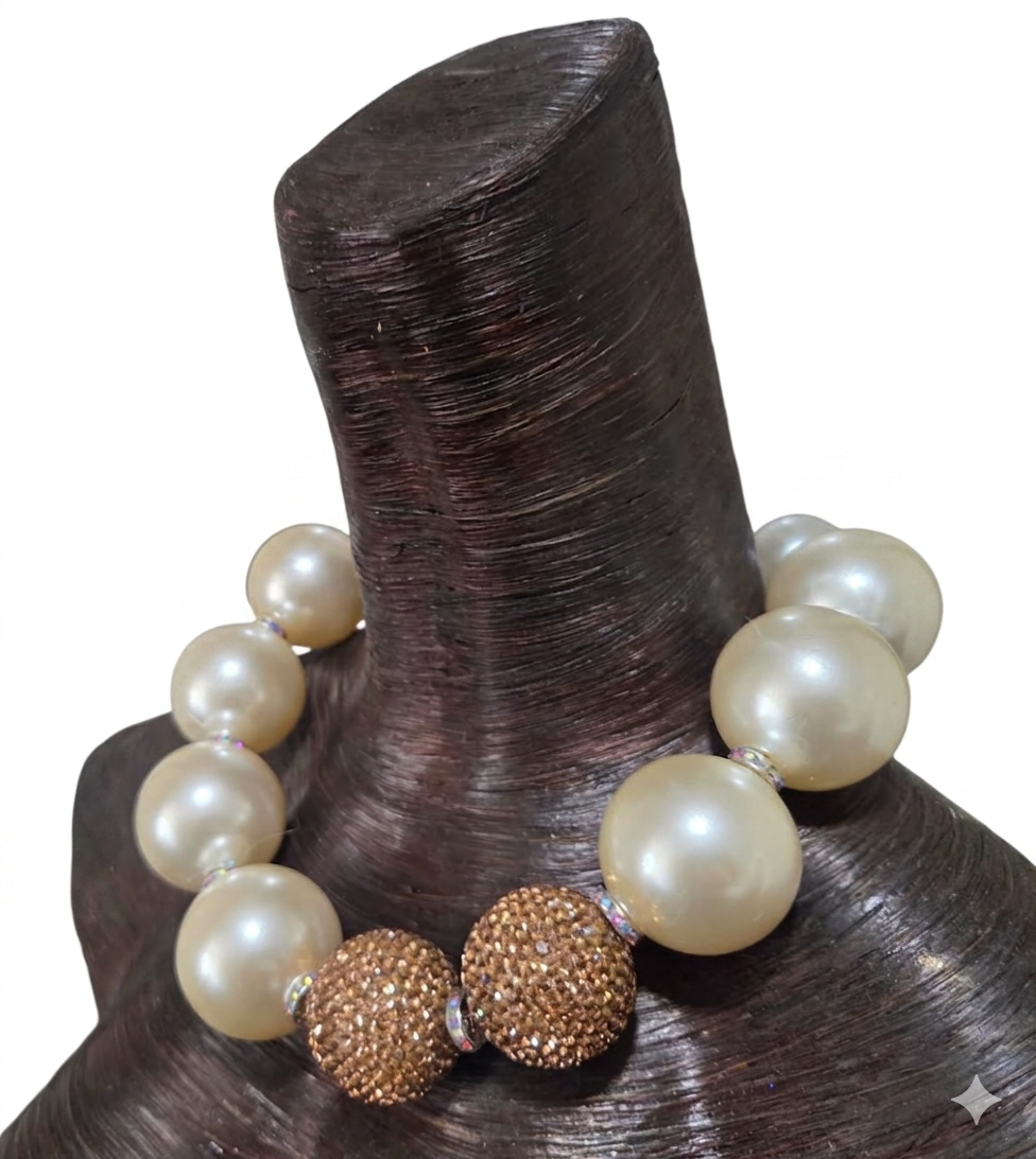 Oversized Ivory Faux Pearl Statement Necklace - Copper Rhinestone Ball