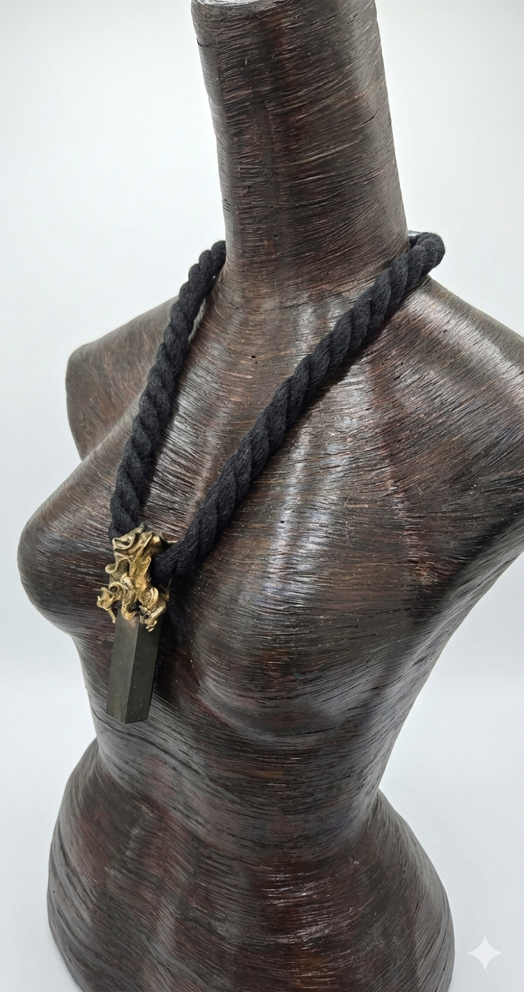 Sculpted Unisex Pyrite Gemstone Pendant on a Soft Black Cotton Rope