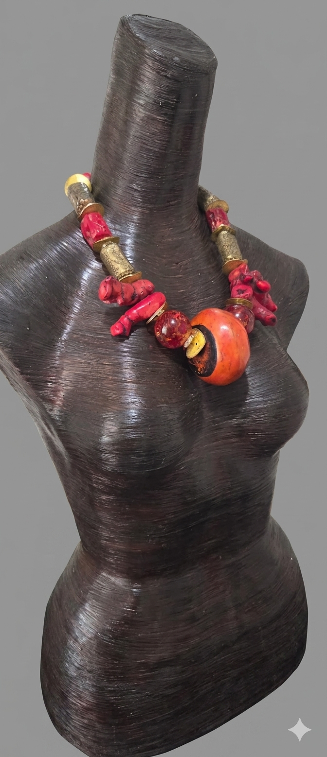 Exotic Asian Inspired Red Coral Resin & Tibetan Brass Statement Necklace