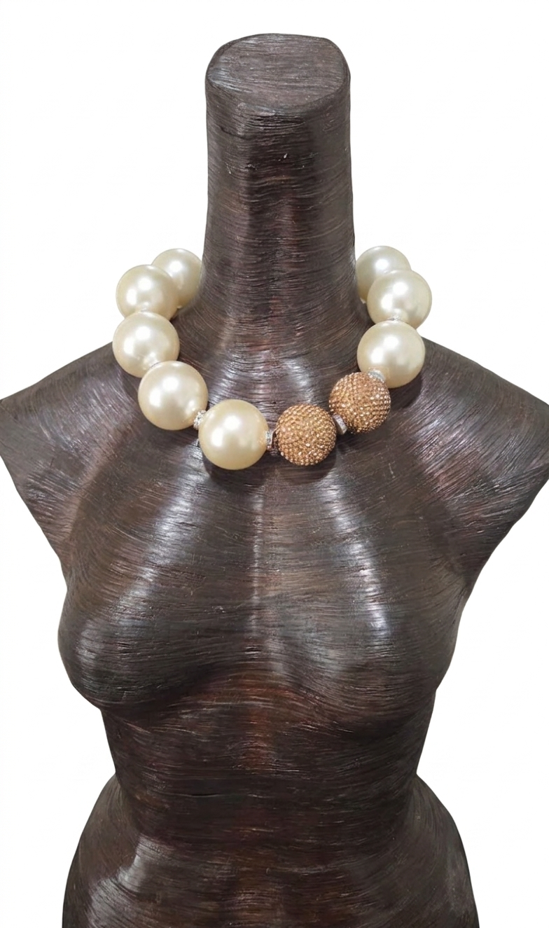 Oversized Ivory Faux Pearl Statement Necklace - Copper Rhinestone Ball