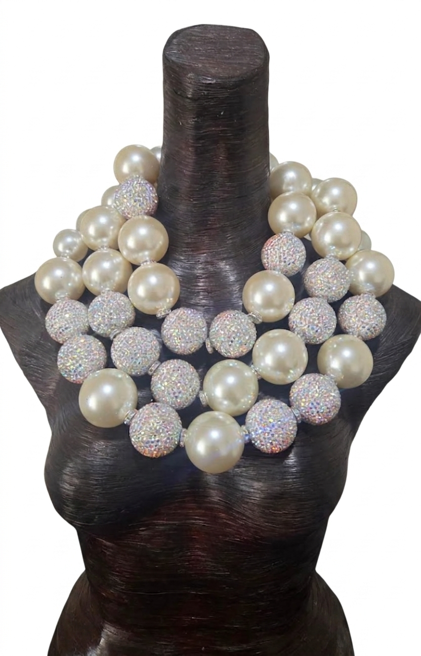 Huge Ivory Faux Pearl & Aurora Borealis Rhinestone Ball Statement Necklace