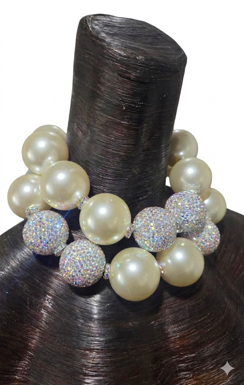 Oversized Faux Pearl & Rhinetone Beaded Statement Necklace - Bold Sexy