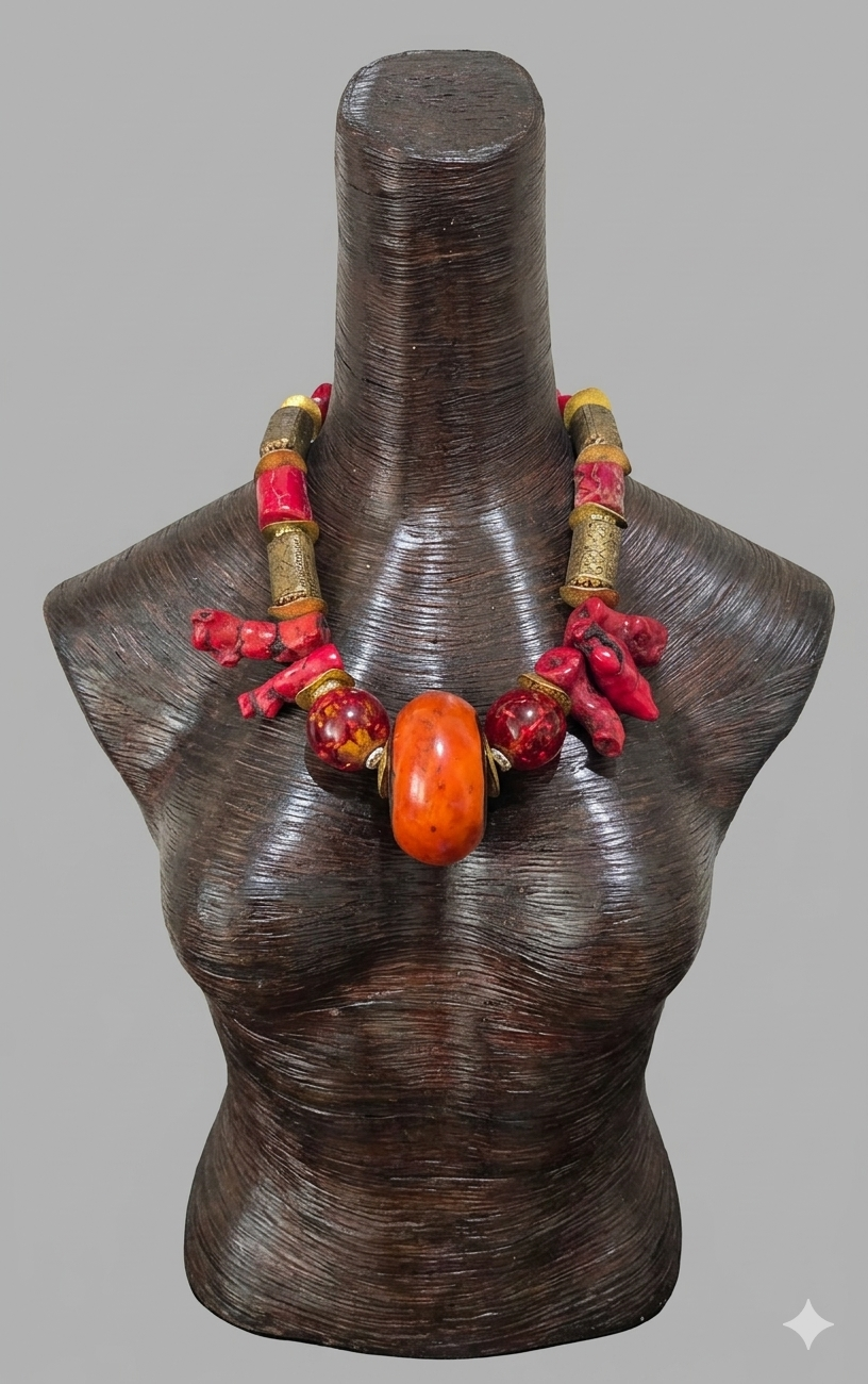 Exotic Asian Inspired Red Coral Resin & Tibetan Brass Statement Necklace