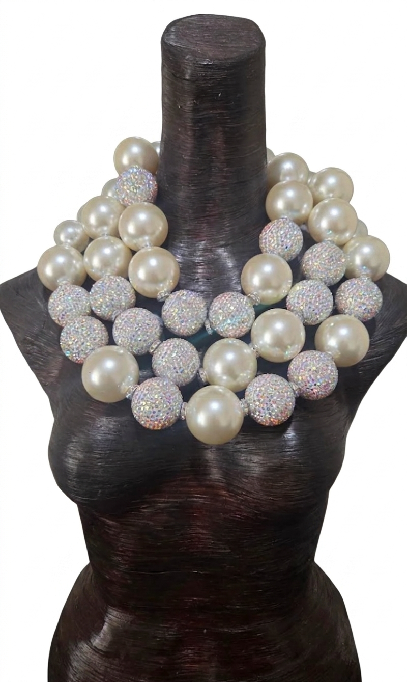 Huge Ivory Faux Pearl & Aurora Borealis Rhinestone Ball Statement Necklace