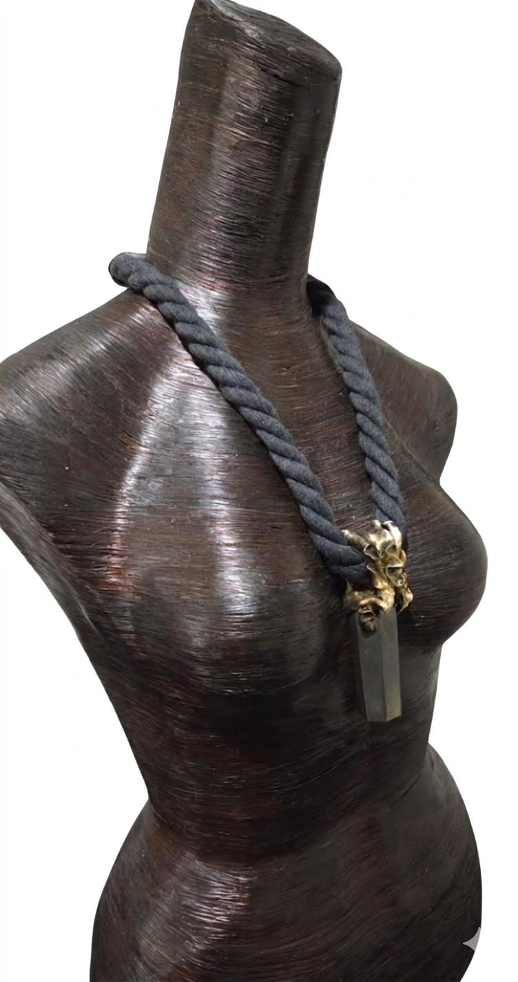 Sculpted Unisex Pyrite Gemstone Pendant on a Soft Black Cotton Rope