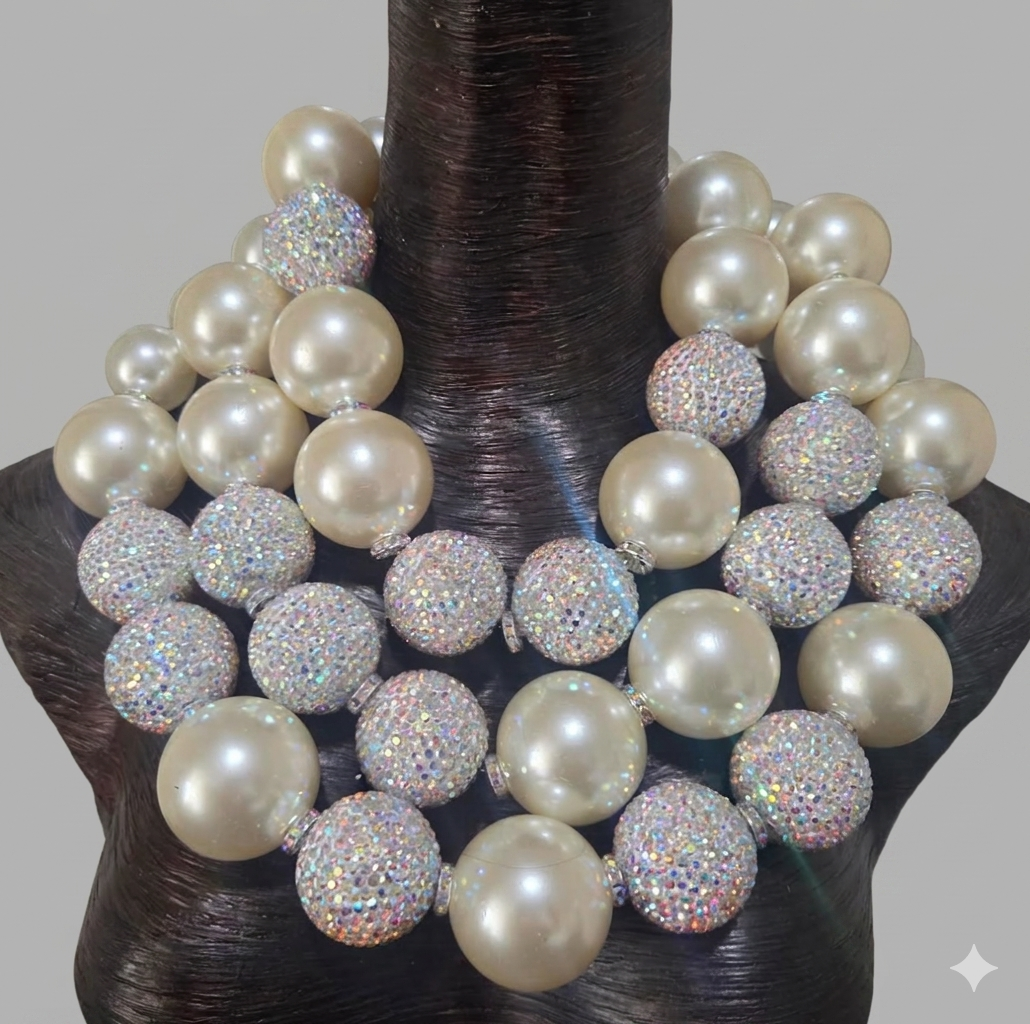 Huge Ivory Faux Pearl & Aurora Borealis Rhinestone Ball Statement Necklace