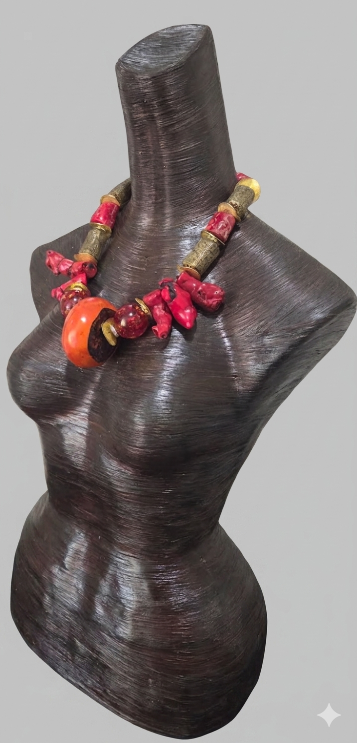 Exotic Asian Inspired Red Coral Resin & Tibetan Brass Statement Necklace