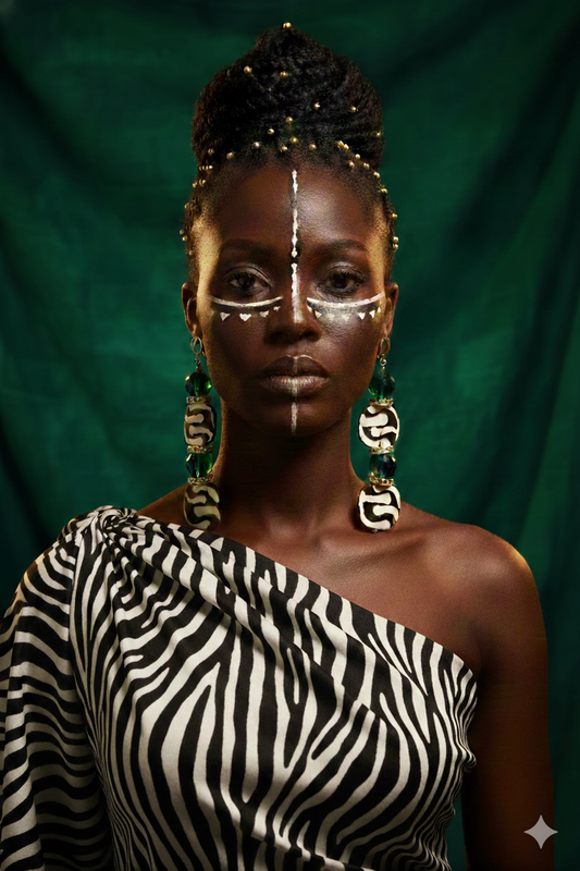 African Batik Bone & Emerald Green Crystal Dangle Statement Earrings