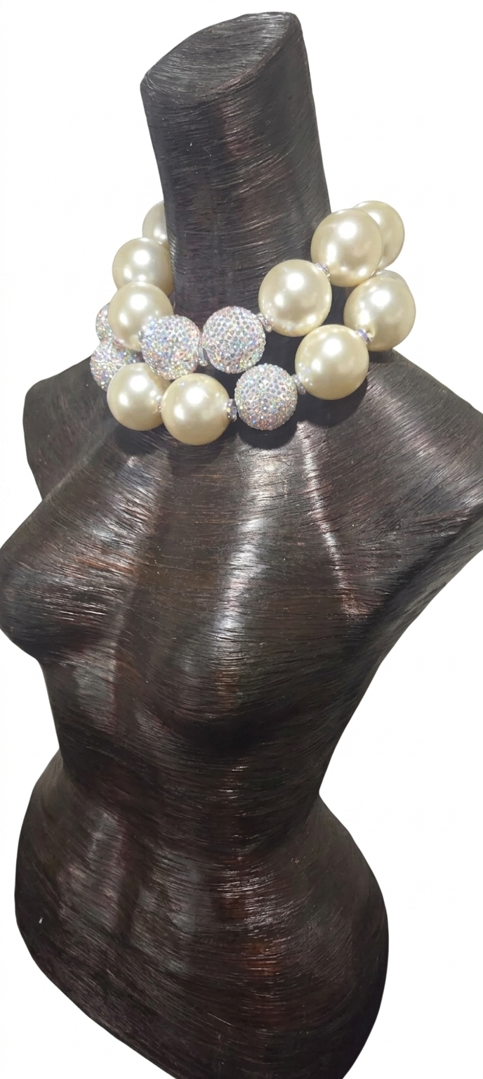 Oversized Faux Pearl & Rhinetone Beaded Statement Necklace - Bold Sexy