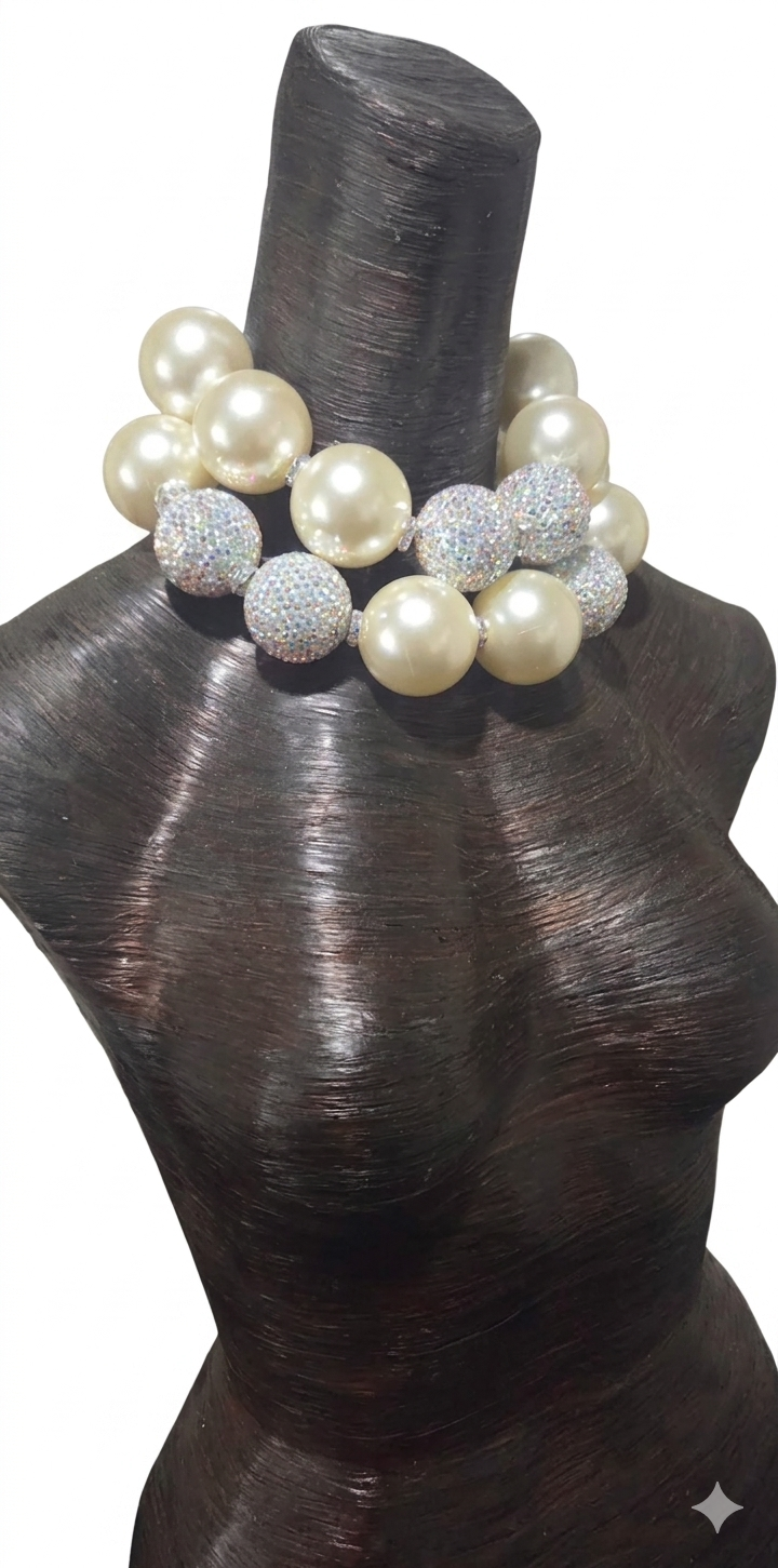 Oversized Faux Pearl & Rhinetone Beaded Statement Necklace - Bold Sexy