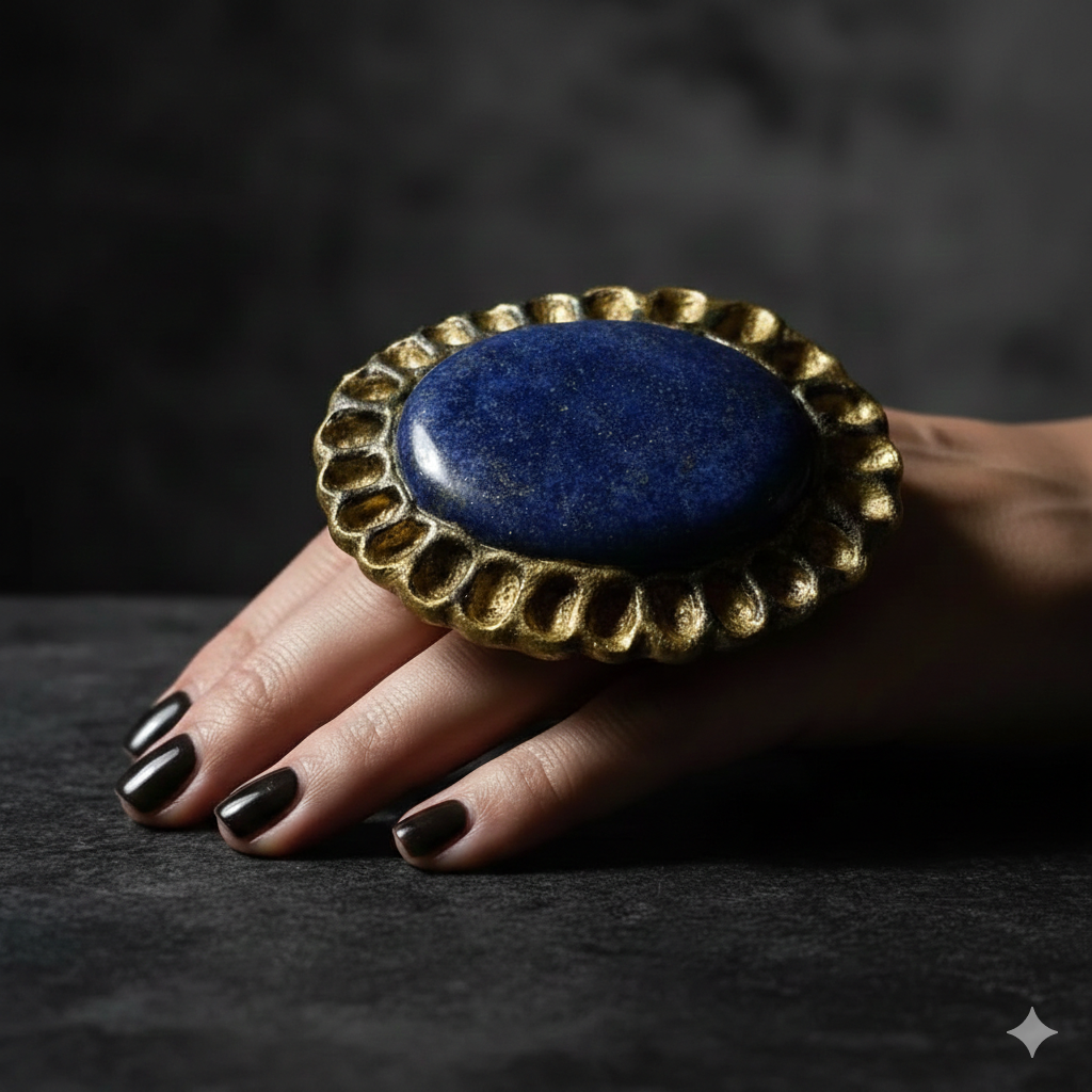 Lapis Lazuli Sculpted Statement Ring - Egyptian Revival Finger Candy