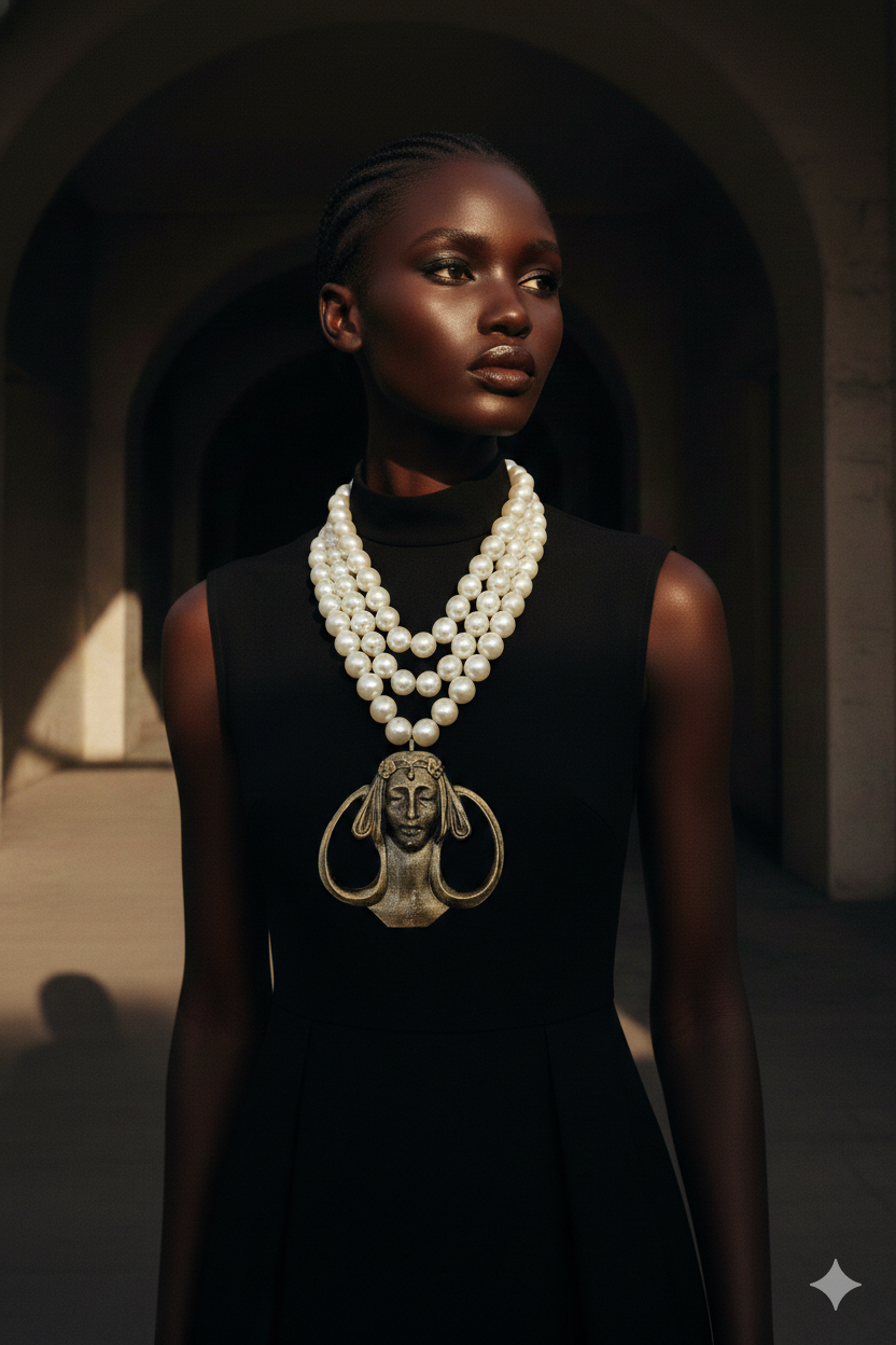 Art Nouveau Goddess Metal Pendant & Multi Strand Faux Pearl Luxe Necklace