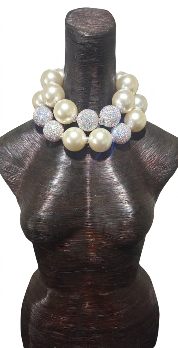 Oversized Faux Pearl & Rhinetone Beaded Statement Necklace - Bold Sexy