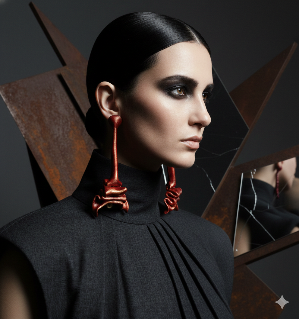 Hand Sculpted Fiery Red & Gold Shoulder Duster Pierced Earrings - Hot