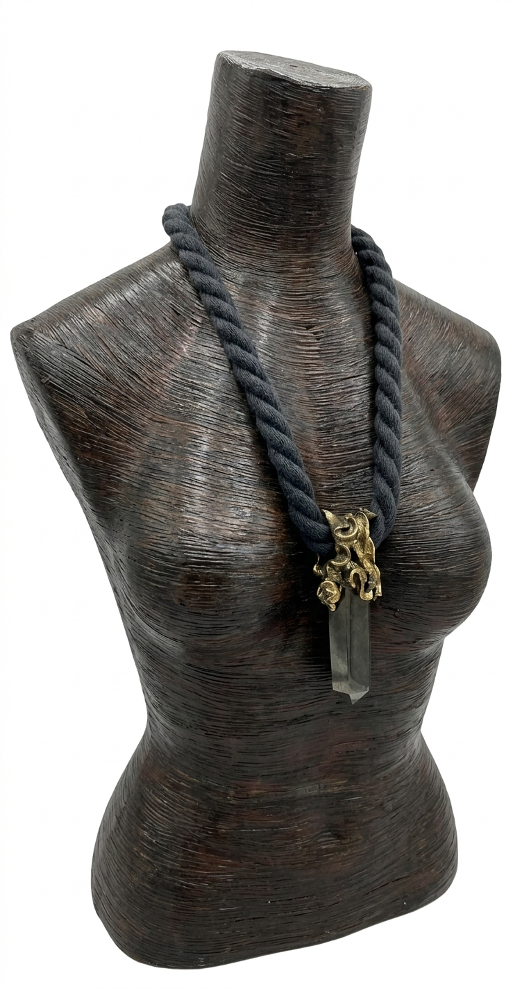 Sculpted Unisex Pyrite Gemstone Pendant on a Soft Black Cotton Rope
