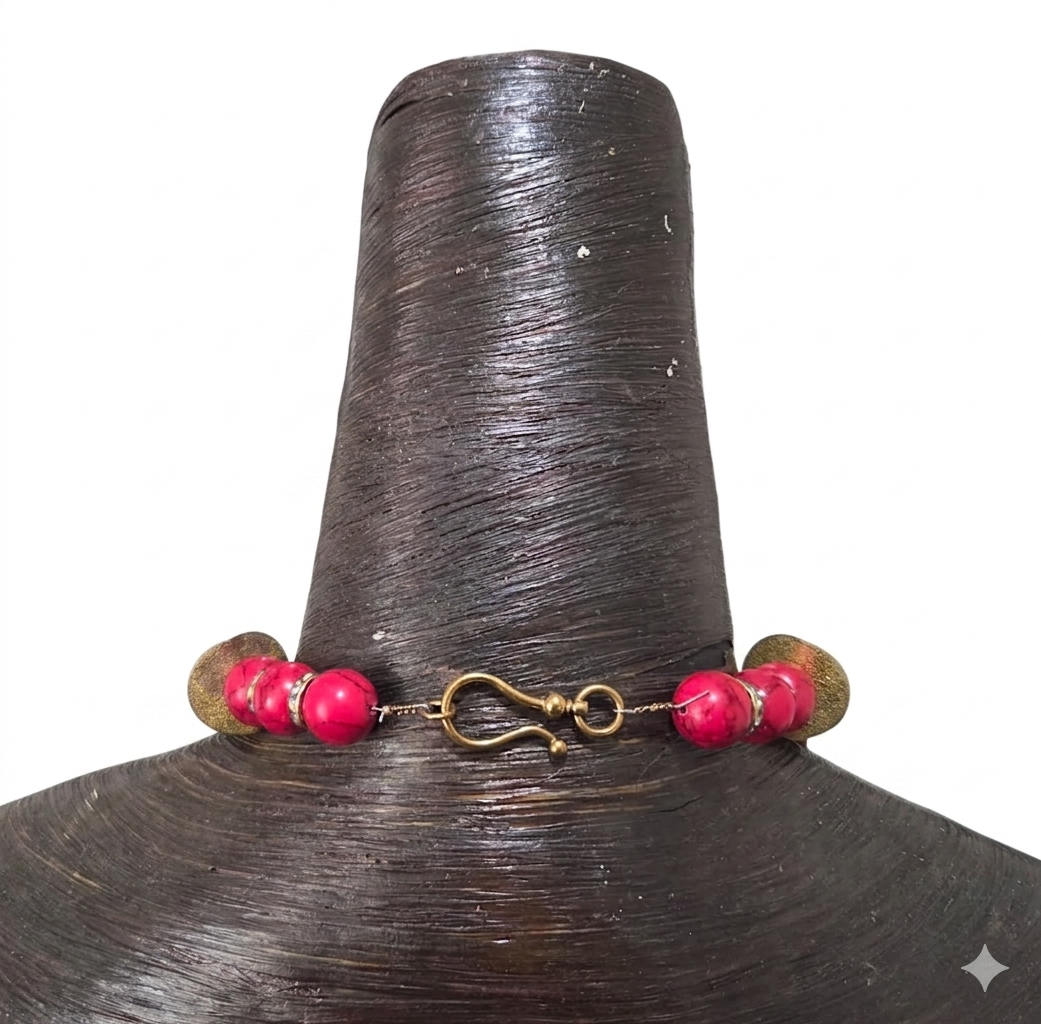 Exotic Asian Inspired Red Coral Resin & Tibetan Brass Statement Necklace