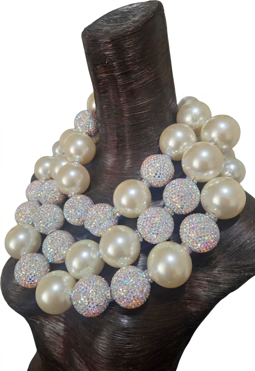 Huge Ivory Faux Pearl & Aurora Borealis Rhinestone Ball Statement Necklace