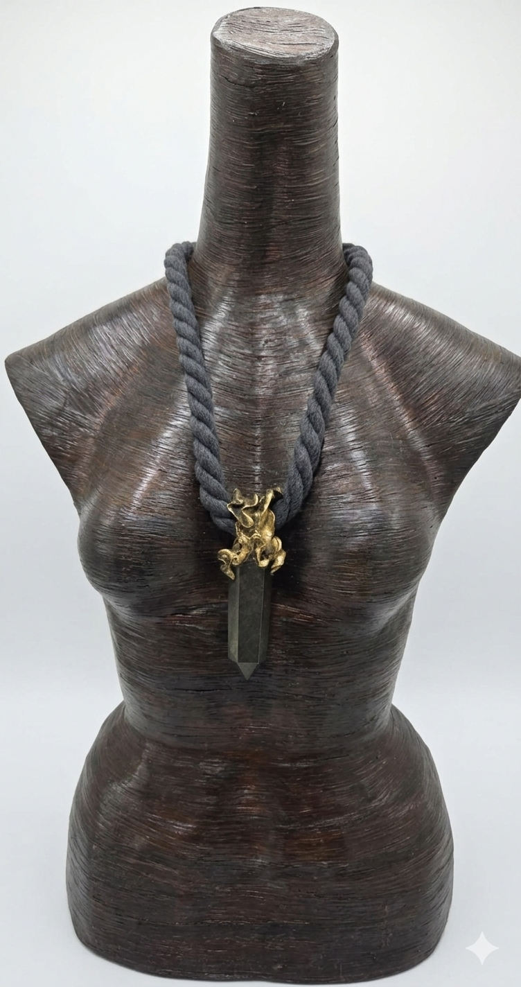 Sculpted Unisex Pyrite Gemstone Pendant on a Soft Black Cotton Rope