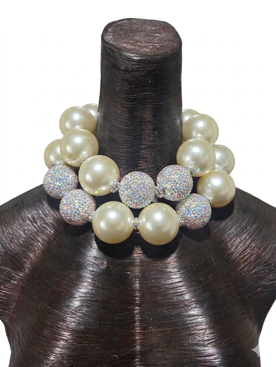 Oversized Faux Pearl & Rhinetone Beaded Statement Necklace - Bold Sexy