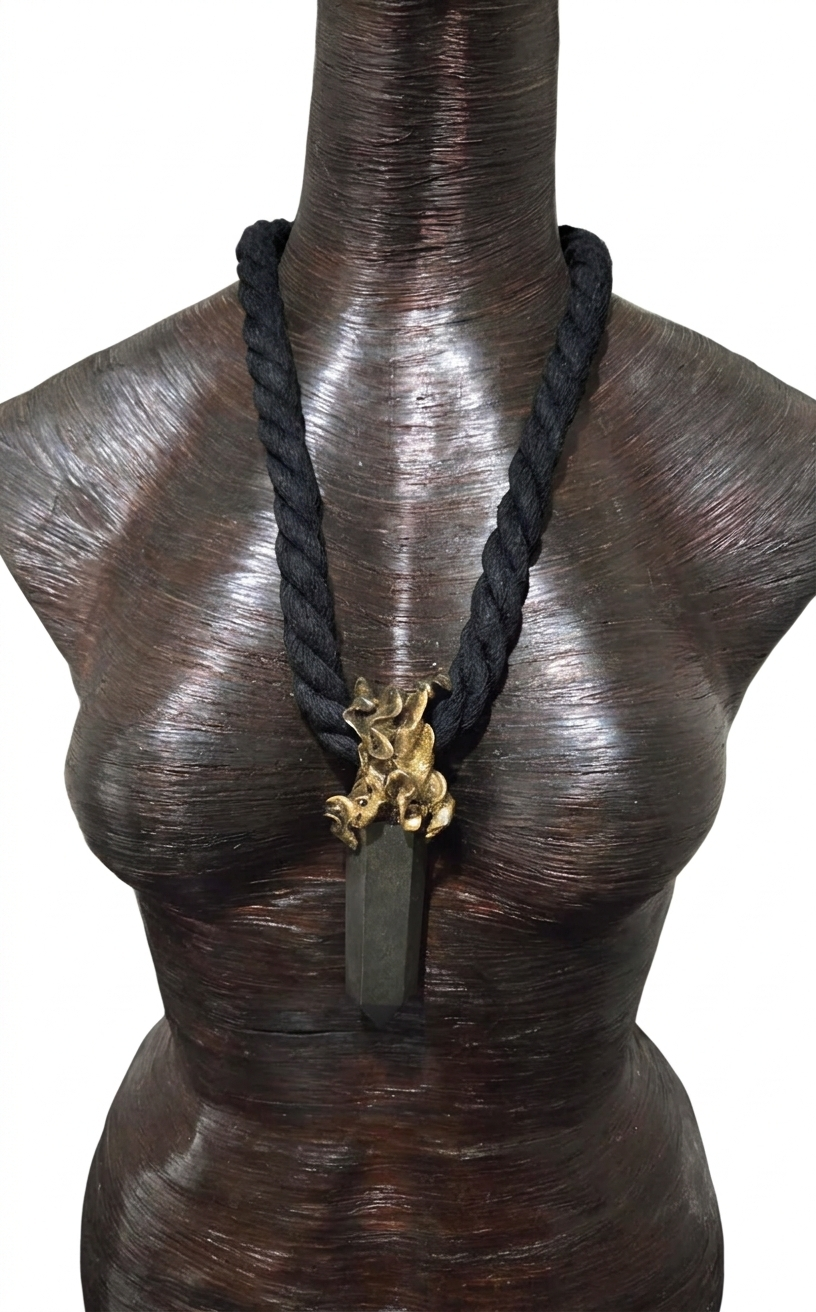 Sculpted Unisex Pyrite Gemstone Pendant on a Soft Black Cotton Rope