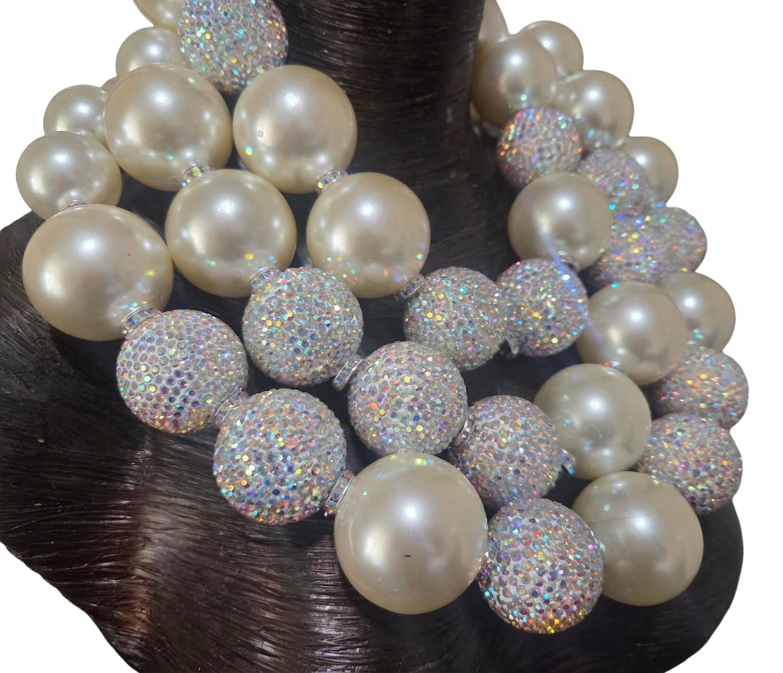 Huge Ivory Faux Pearl & Aurora Borealis Rhinestone Ball Statement Necklace