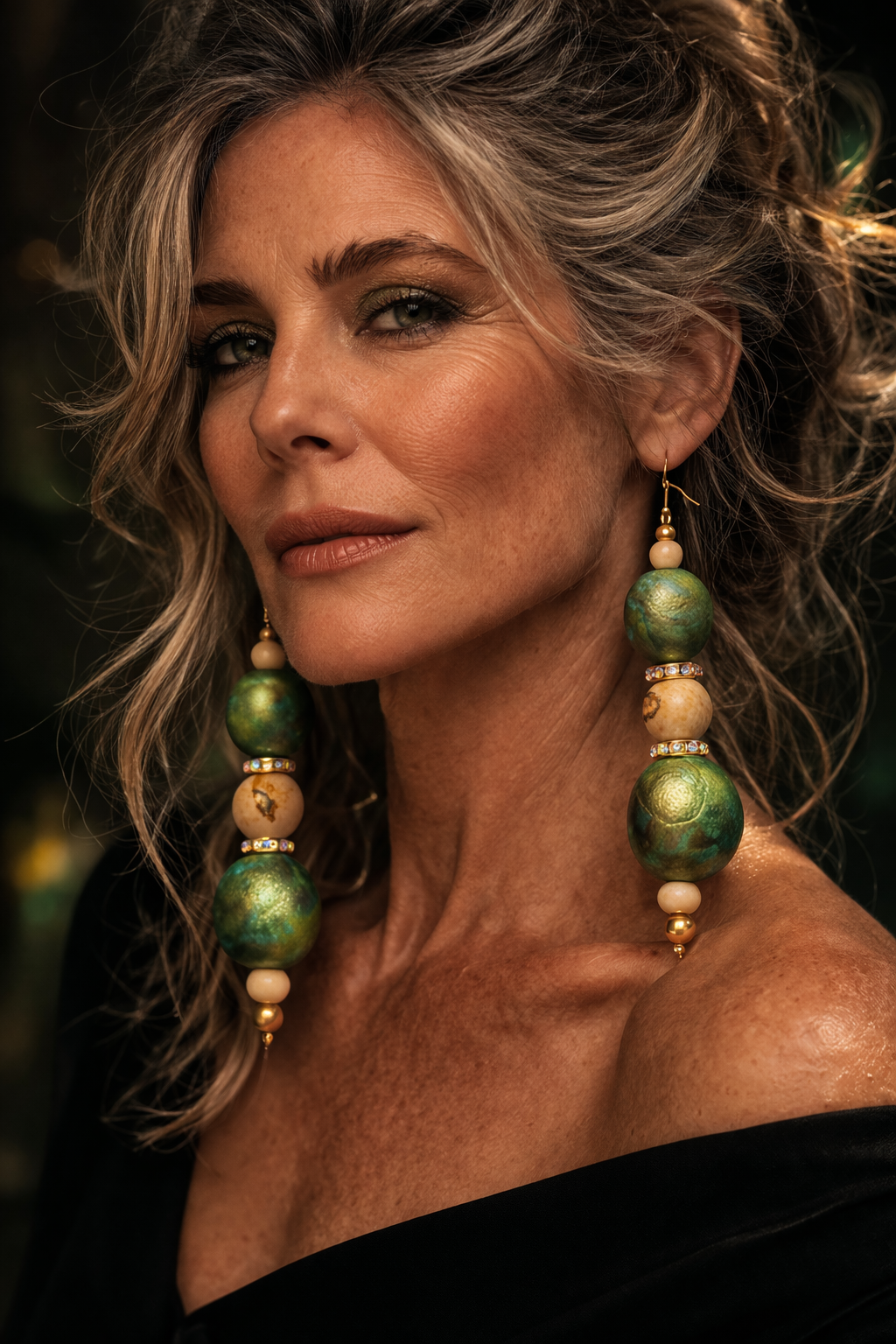 Green Gold & Beige Alcohol Ink Beaded Statement Earrings - Artisan