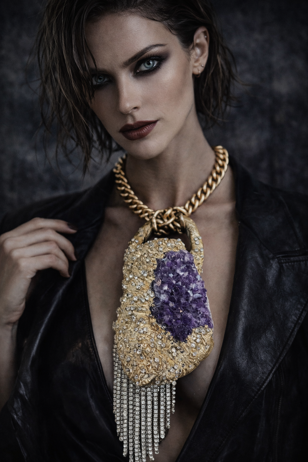 Rough Amethyst Rhinestone Encrusted Sculpted Pendant - Ginormous