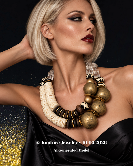 Cream, Brown & Gold Artisan Tribal Statement Necklace - Summer Couture