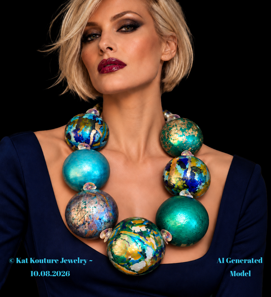 Blue Green & Gold Huge Hand Sculpted Beaded Statement Necklace - Drama
