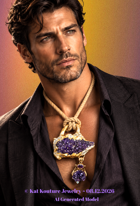 Sculpted Raw Amethyst & Blue Topaz Unisex Chest Piece - Hemp Rope