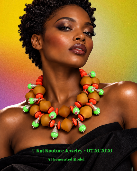 African Beaded Tribal Oversized Necklace - Orange Green Red & Yellow