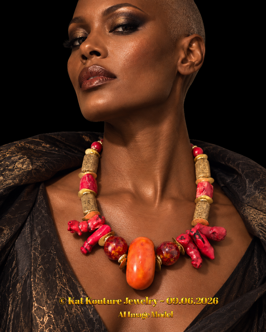 Exotic Asian Inspired Red Coral Resin & Tibetan Brass Statement Necklace