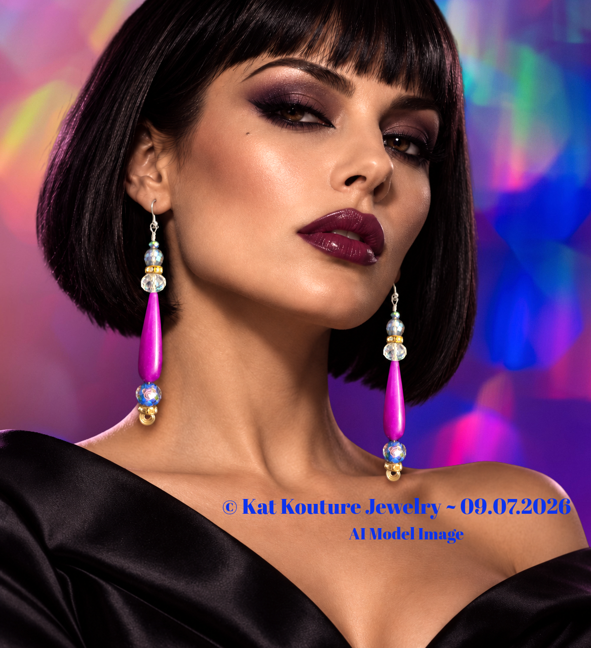 Purple Gemstone & Floral Lampwork Beaded Drop Statement Earrings