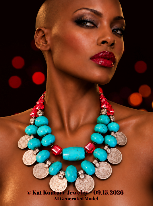 Bold Chunky Heavy Magnesite & Kuchi Coin Tribal Necklace - Iris Apfel