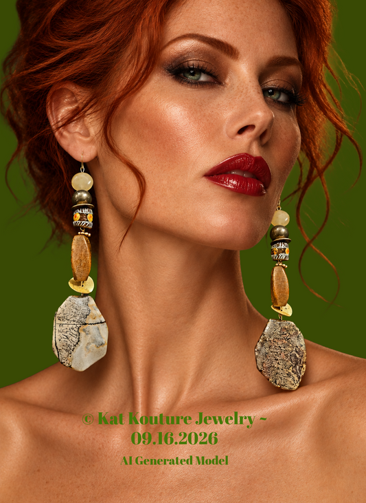 Earth Tone Jasper, Wood & Glass Shoulder Duster Pierced Earrings
