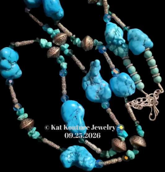 Magnesite Nugget Rope Super Long Necklace - Western Faux Turquoise Inspired