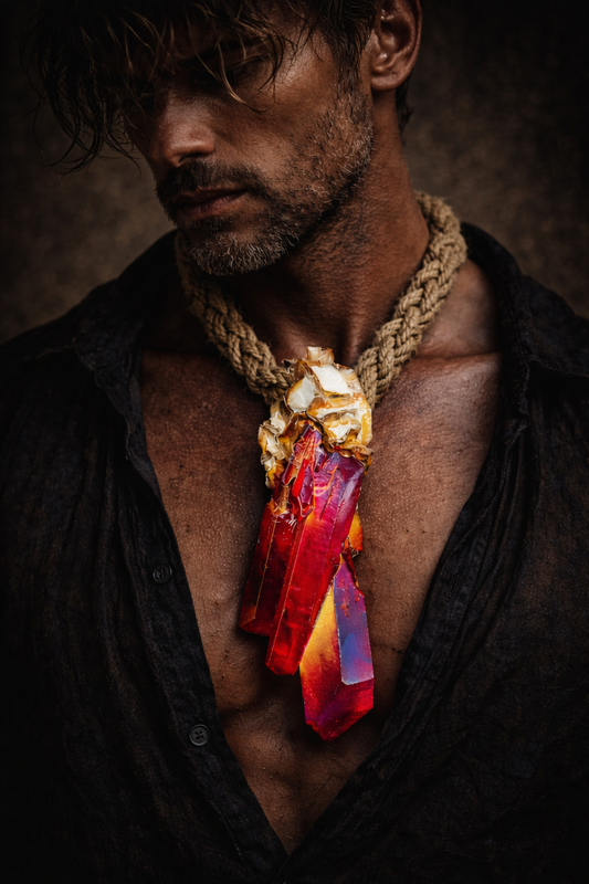 Red Aura Quartz Sculpted Gemstone Pendant & Braided Hemp Rope - Luxe