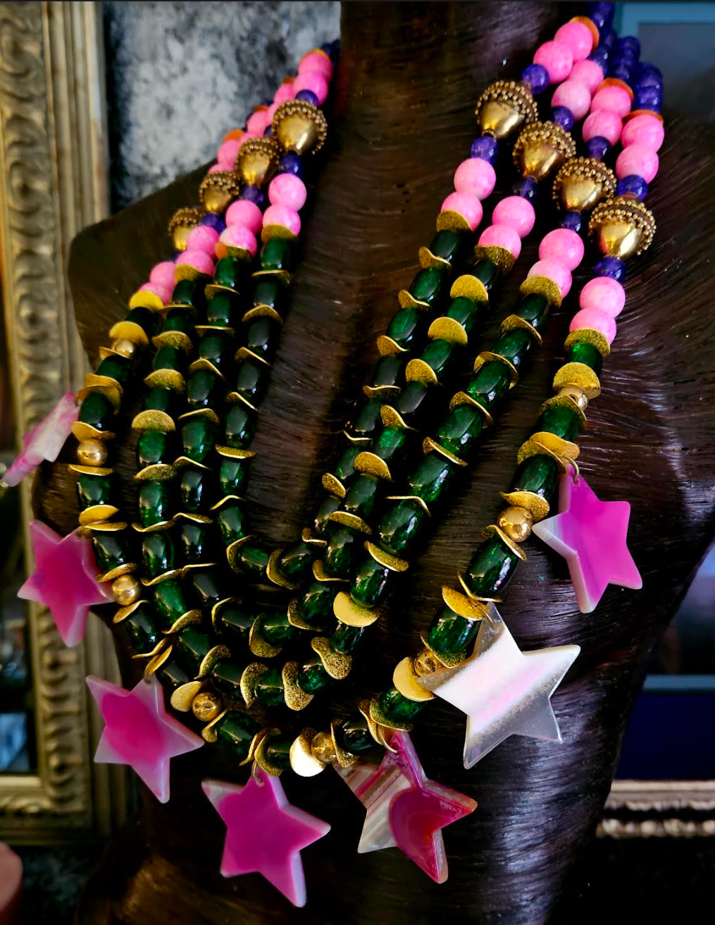 Purple Pink Green & Gold Beaded Massive Chest Piece With Agate Stars - Showstopper Glass Beaded Statement Necklace - Kat Kouture Jewelry - Celebrity Stylist Accessories