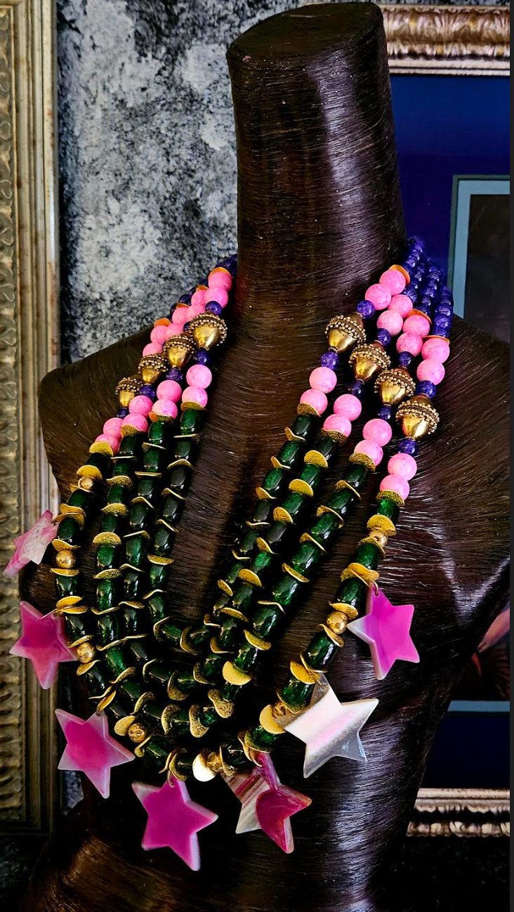 Purple Pink Green & Gold Beaded Massive Chest Piece With Agate Stars - Showstopper Glass Beaded Statement Necklace - Kat Kouture Jewelry - Celebrity Stylist Accessories