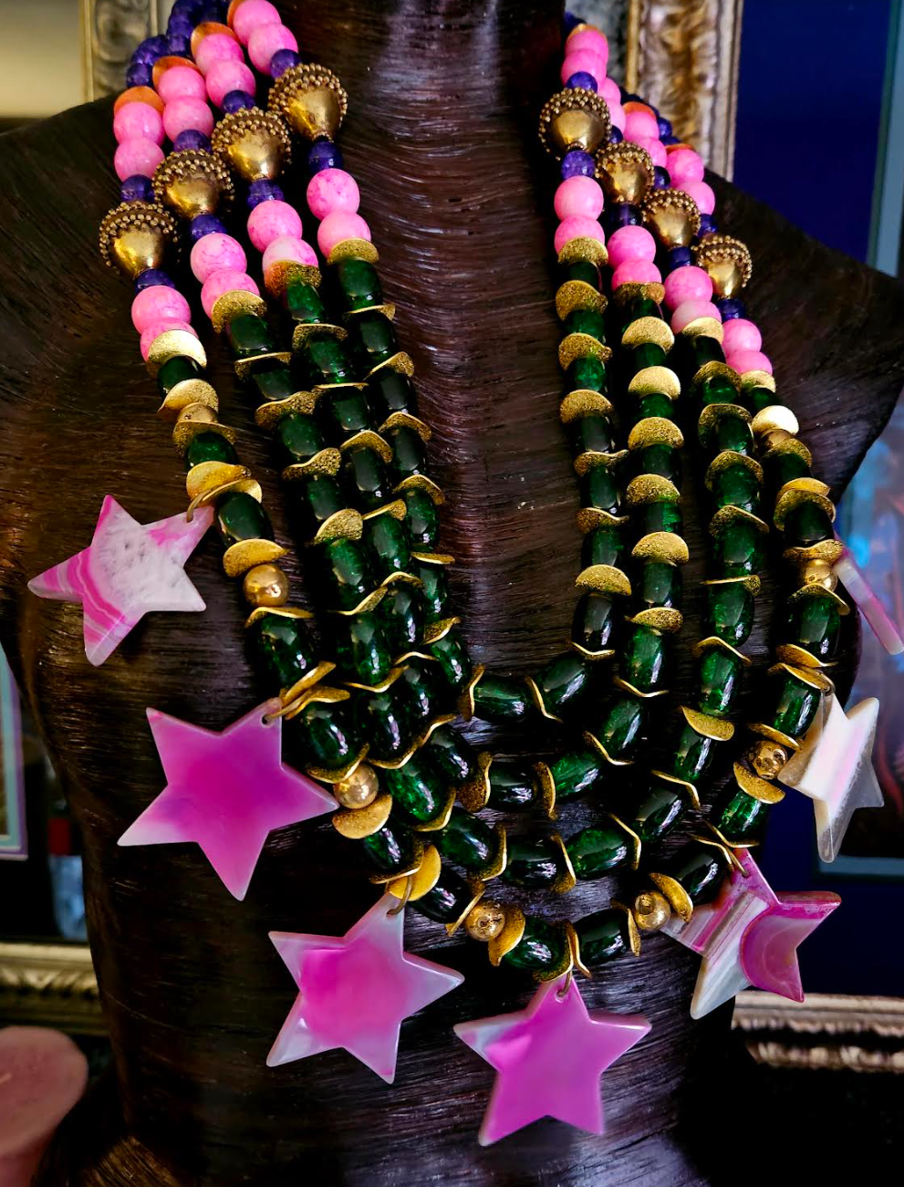 Purple Pink Green & Gold Beaded Massive Chest Piece With Agate Stars - Showstopper Glass Beaded Statement Necklace - Kat Kouture Jewelry - Celebrity Stylist Accessories