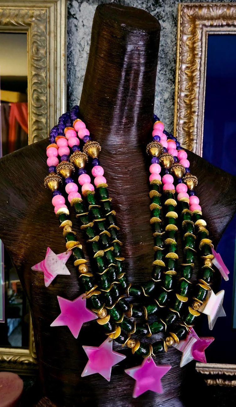 Purple Pink Green & Gold Beaded Massive Chest Piece With Agate Stars - Showstopper Glass Beaded Statement Necklace - Kat Kouture Jewelry - Celebrity Stylist Accessories