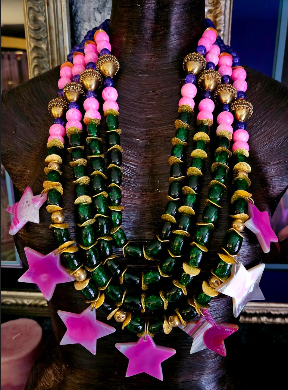 Purple Pink Green & Gold Beaded Massive Chest Piece With Agate Stars - Showstopper Glass Beaded Statement Necklace - Kat Kouture Jewelry - Celebrity Stylist Accessories