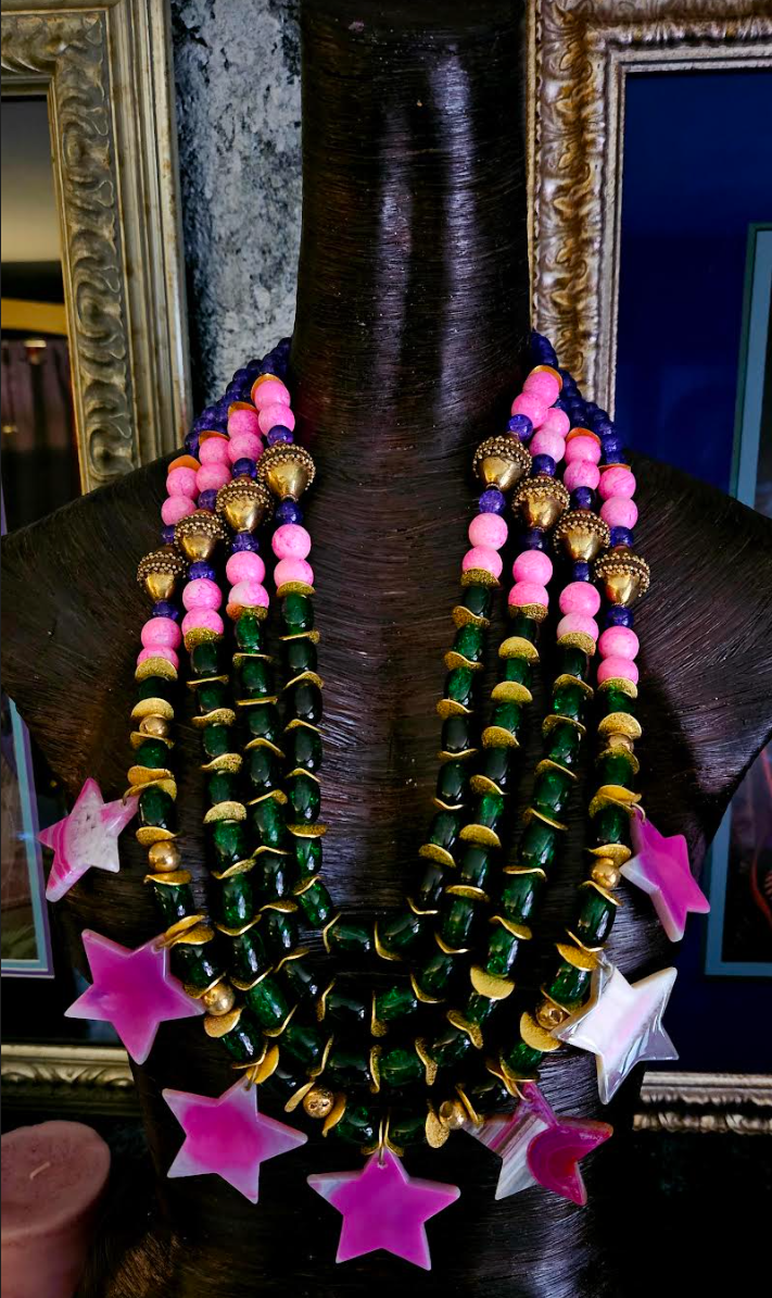 Purple Pink Green & Gold Beaded Massive Chest Piece With Agate Stars - Showstopper Glass Beaded Statement Necklace - Kat Kouture Jewelry - Celebrity Stylist Accessories