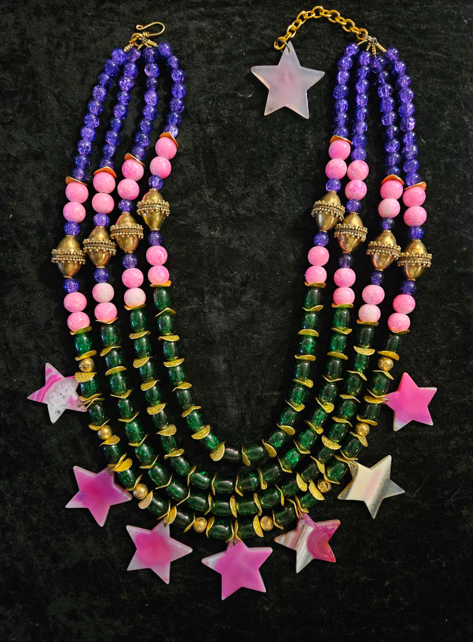 Purple Pink Green & Gold Beaded Massive Chest Piece With Agate Stars - Showstopper Glass Beaded Statement Necklace - Kat Kouture Jewelry - Celebrity Stylist Accessories