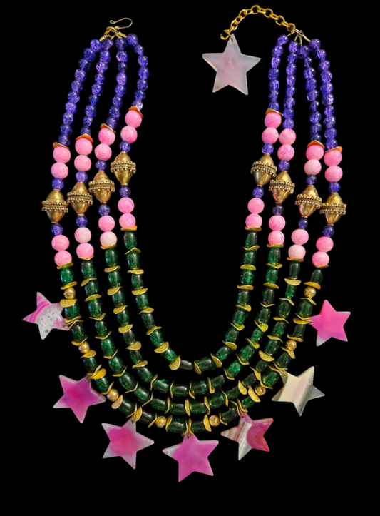 Purple Pink Green & Gold Couture Beaded Chest Piece With Agate Stars