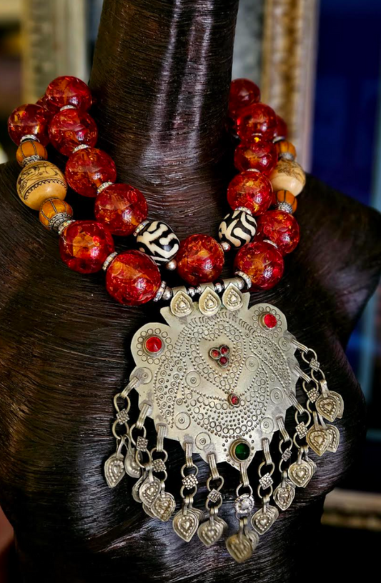 Oversized Tibetan Amber Beaded Statement Necklace with Tribal Pendant - Showstopper Ethnic Neck Candy with Middle Eastern Amulet - OOAK Artisan Neck Candy for Women of Color - Kat Kouture Jewelry