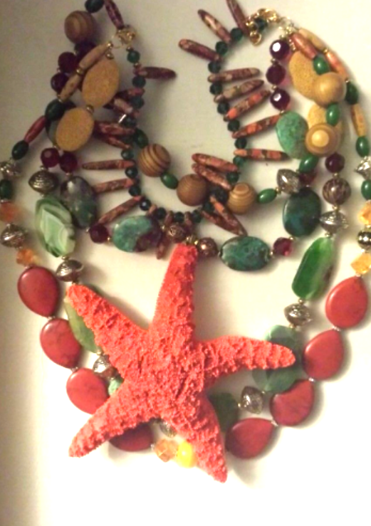 Huge Organic Starfish & Mixed Gemstone Summer Chest Piece, Tropical Vacation Statement Necklace, Mermaid Inspired Jewelry