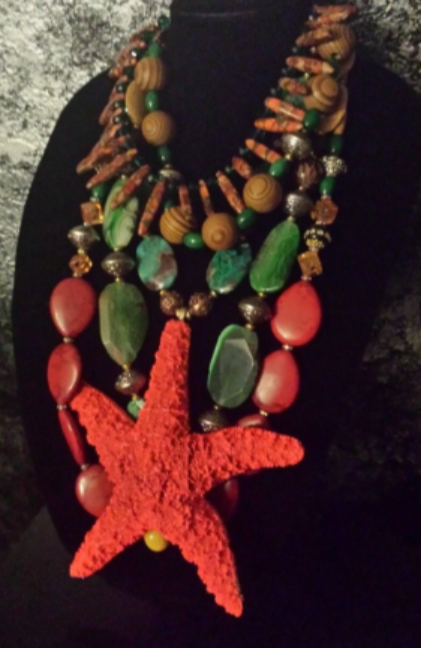 Huge Organic Starfish & Mixed Gemstone Summer Chest Piece, Tropical Vacation Statement Necklace, Mermaid Inspired Jewelry