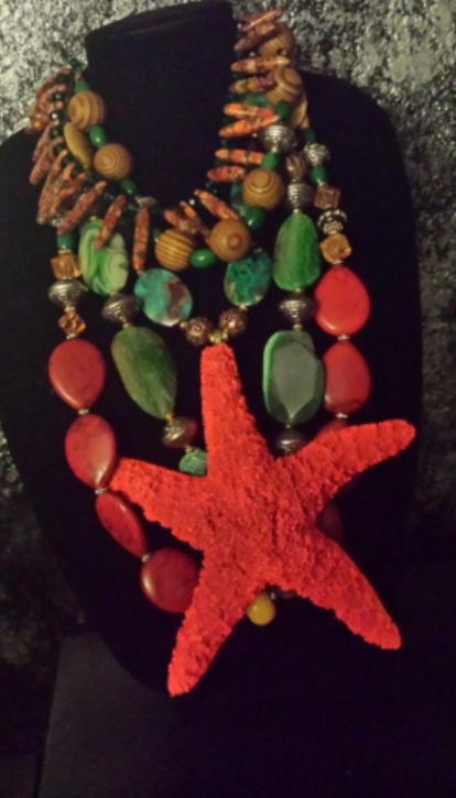 Huge Organic Starfish & Mixed Gemstone Summer Chest Piece, Tropical Vacation Statement Necklace, Mermaid Inspired Jewelry