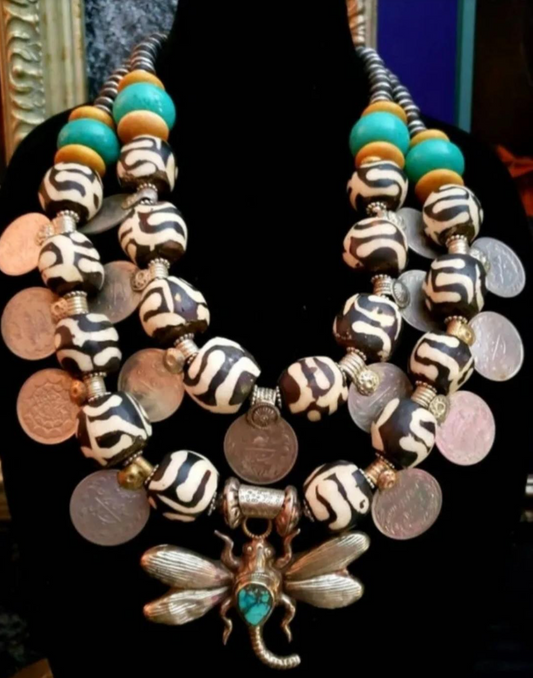 Oversized Zebu Bone Tribal Statement Necklace With Kuchi Coins & Tibetan Dragonfly Pendant, African Inspired Beaded Necklace, Belly Dancer Jewelry